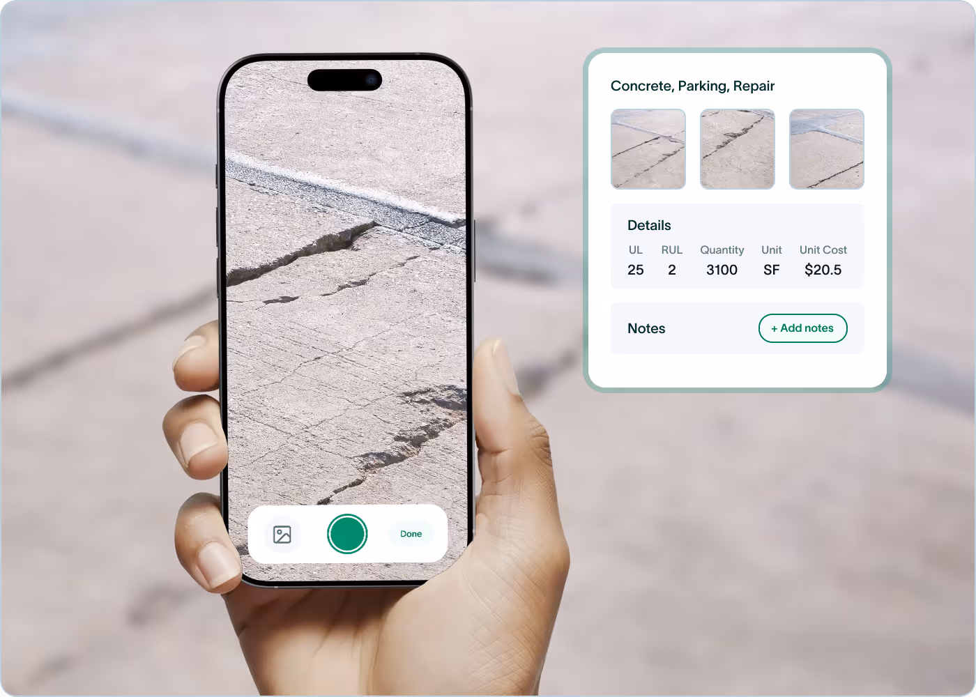 Hand holding smartphone displaying cracked concrete surface, with app interface showing details for concrete parking repair including quantity and cost.