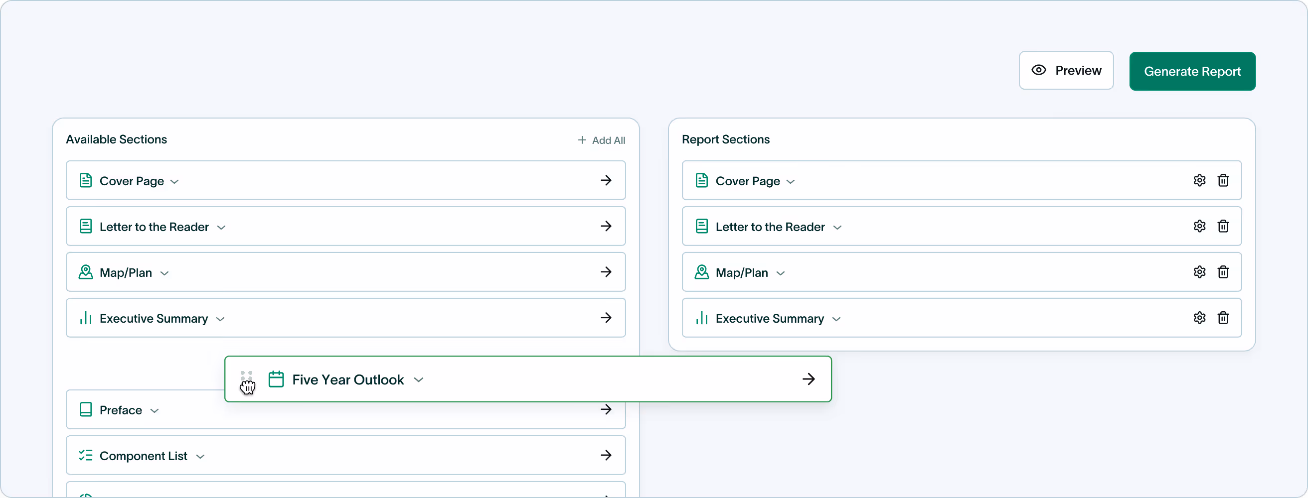 User interface showing two columns for report building with sections like Cover Page, Letter to the Reader, Map/Plan, Executive Summary, and a highlighted draggable Five Year Outlook section, plus Preview and Generate Report buttons.