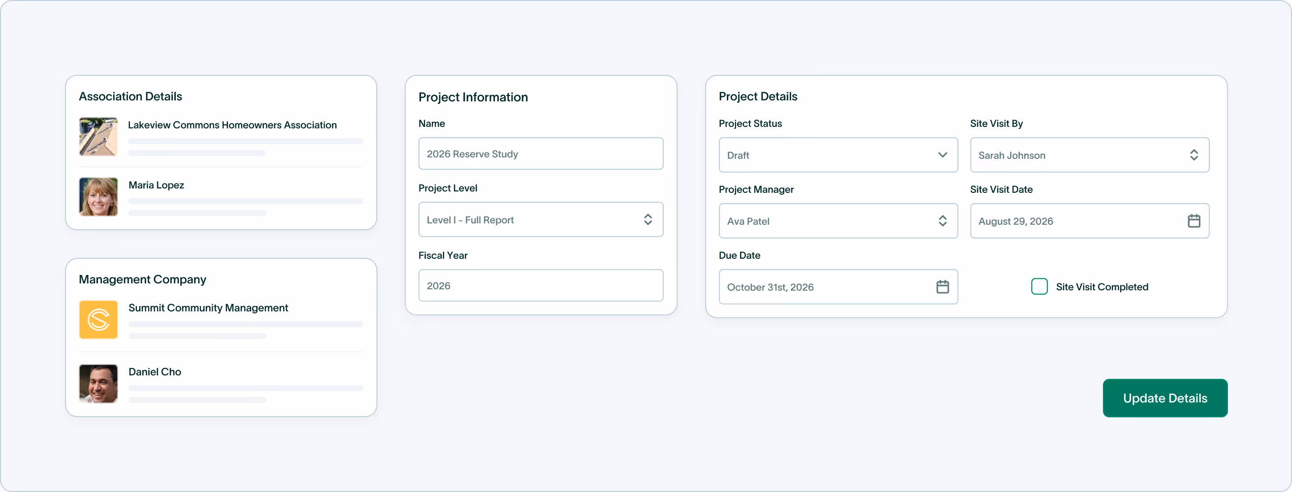 User interface screen showing association, management company, and project details for a 2026 reserve study with fields for project status, manager, site visit, and due dates.